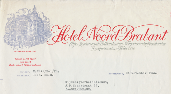 711822 Briefhoofd van een brief van Hotel Noord-Brabant, [Fa. P. Mulders & Zn., Vredenburg 4] te Utrecht, gericht aan ...